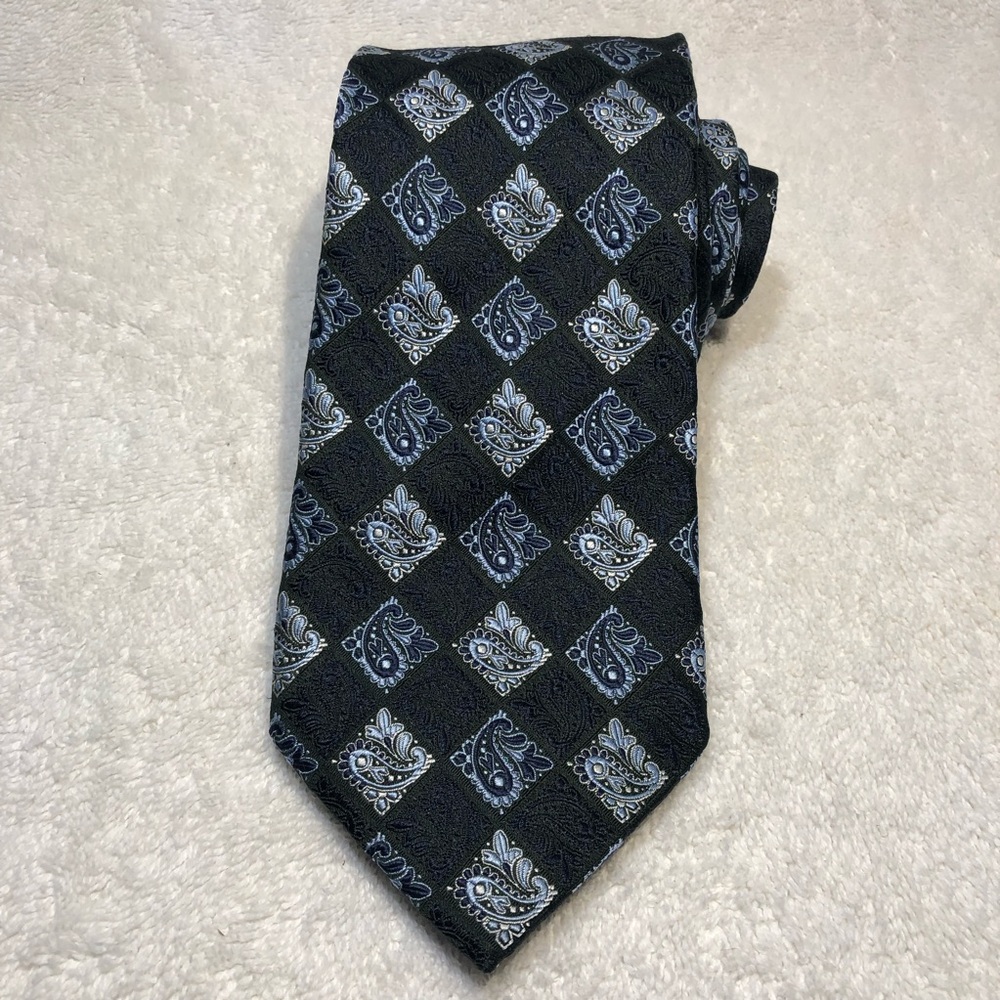 Ermenegildo Zegna Mens Tie Silk Deep Green Blue Paisley Geometric Jacquard Italy